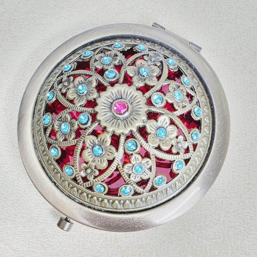 Silver and Red Floral Rhinestone Compact Mirror